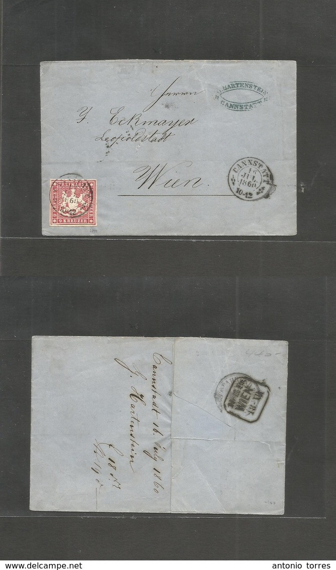 German States-Wurttemberg. 1860 (16 July) Cannstatt - Austria, Wien (18 July) EL Fkd 9 Kr Red Imperf, Good Margins, Tied - Andere & Zonder Classificatie