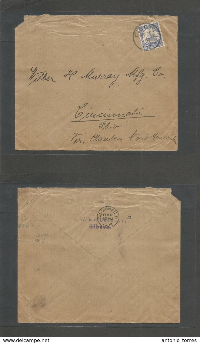 German Col-Swa. 1907 (25 Dec, Christmas Day) Gibeon - USA, Cincinnat, OH (17 Feb 08) Fkd Env, 20 Pf Blue Cds. Fine. - Sonstige & Ohne Zuordnung