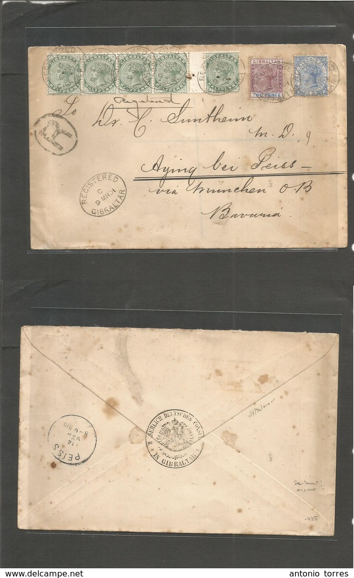 Gibraltar. 1901 (9 March) GPO - Germany, Bayern, Aging Paris (14 March) Registered Multifkd + Multicolor Usage, Ord Ds I - Gibraltar