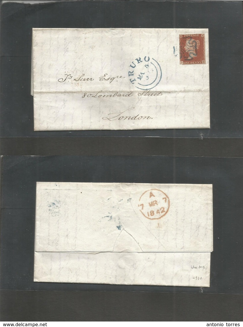 Great Britain. 1842 (5 Mar) Truro - London (7 Mar) EL Full Text Fkd 1840 Plate 1d Red, Tied BLUE Maltese Cross + Cds. Ni - ...-1840 Prephilately