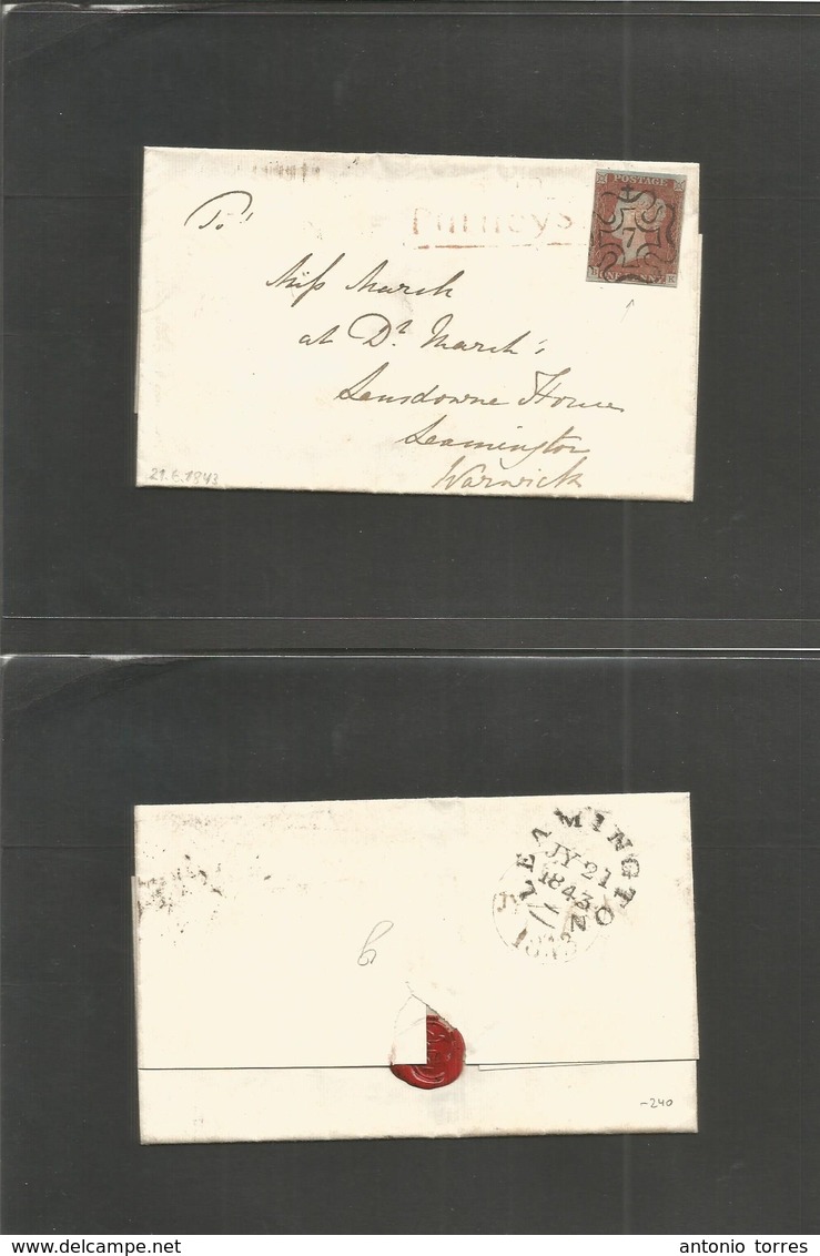 Great Britain. 1843 (21 June) Purleys - Leamington. E Fkd 1841 1d Red, Cancelled "7" Maltese Cross. VF Item. - ...-1840 Prephilately