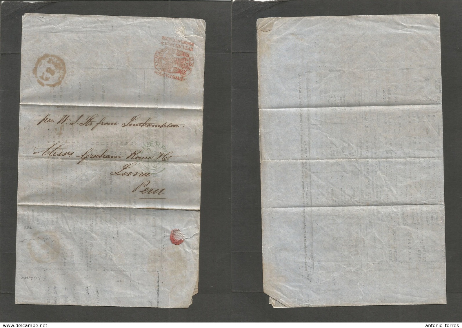 Great Britain. 1853 (31 Oct) Liverpool - Pern, Lima. Newspaper Rate Complete Privated Princes News With Red "ONE PENNY"  - ...-1840 Prephilately