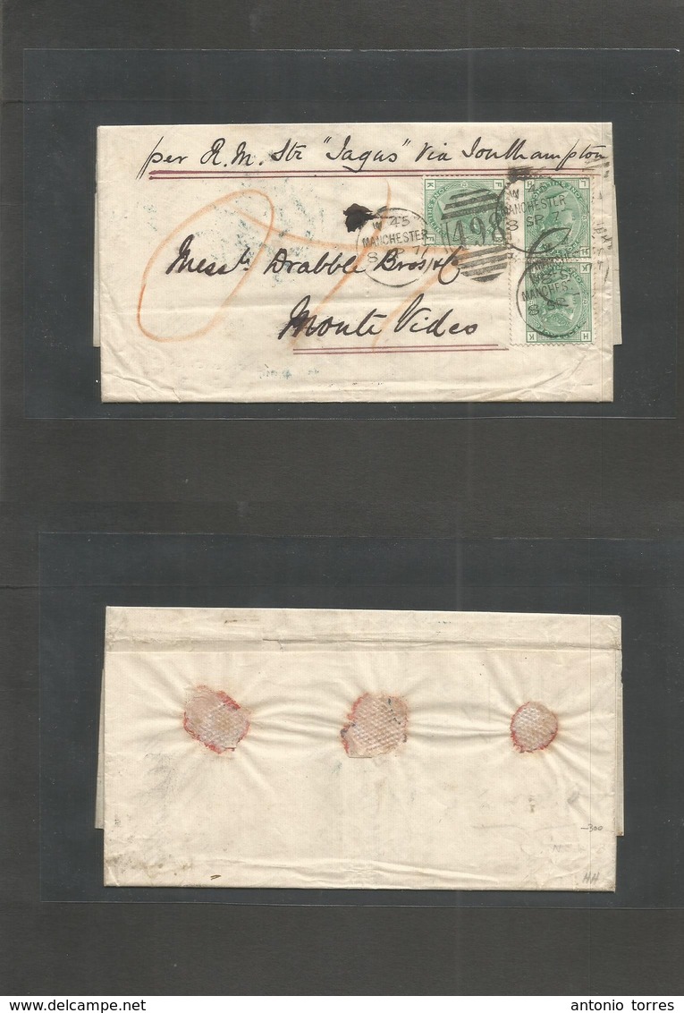 Great Britain. 1877 (8 Sept) Manchester - Uruguay, Montevideo. Lovely EL Full Text Fkd 1sh Green Pl. 12 (x3) Endorsed Pe - ...-1840 Voorlopers