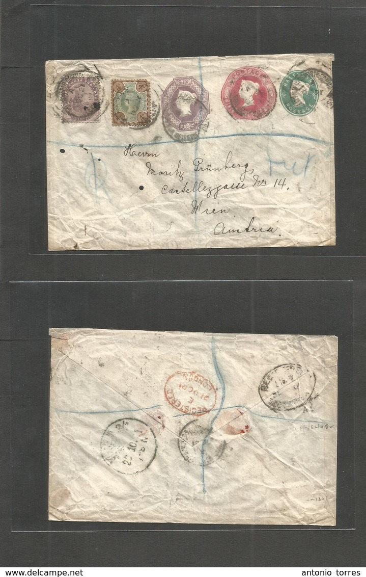 Great Britain - Stationery. 1891 (Oct 21) Wandsworth Commons, Bellevue - Austria, Wien (23 Oct) Registered TRIPLE PRINT  - ...-1840 Prephilately