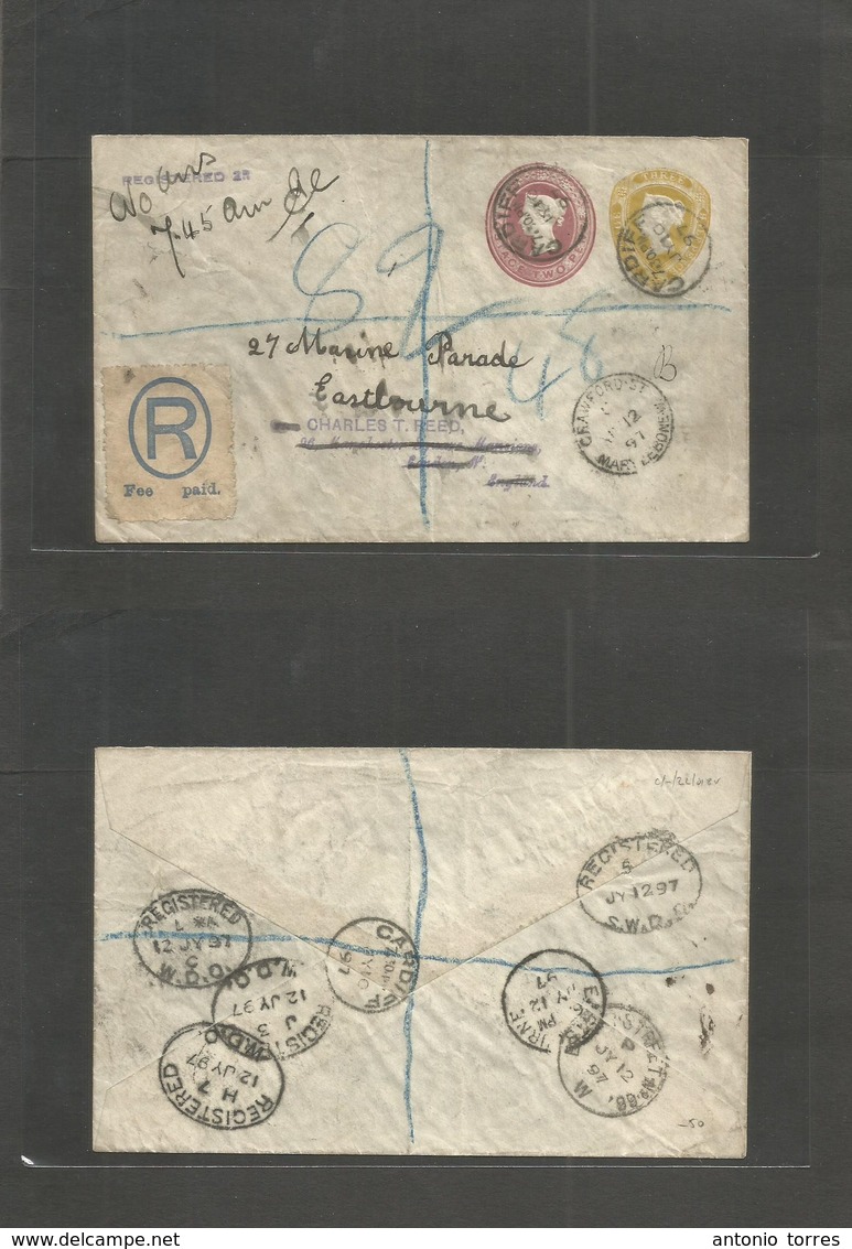 Great Britain - Stationery. 1897 (July 10) Cardiff, Wales - Eastbourne, England. Registered Doble Print Colored Embossed - ...-1840 Prephilately