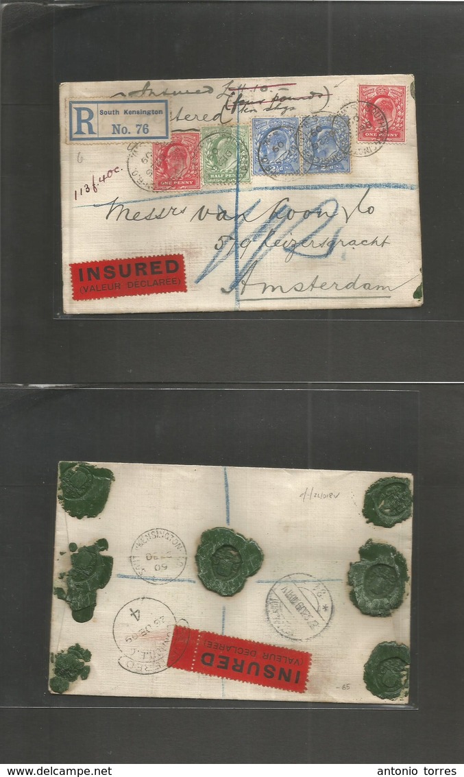 Great Britain - Xx. 1909 (Dec 26) South Kensington - Netherlands, Amsterdam (27 Dec) Registered Insuff GBP 4 - 10 Sh Mul - ...-1840 Voorlopers