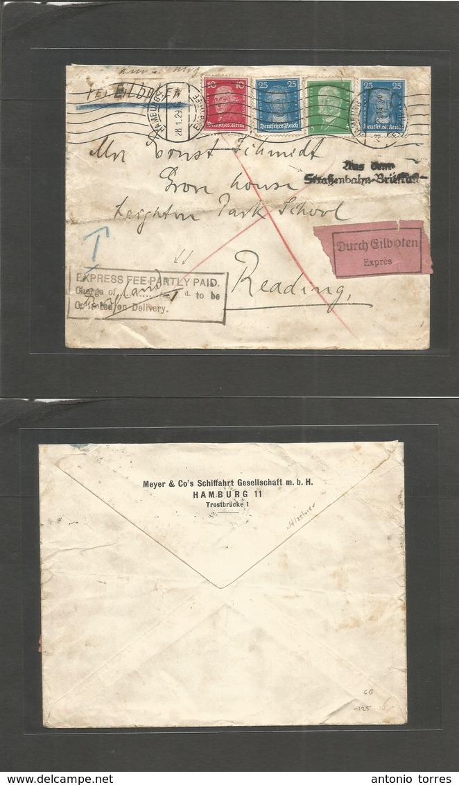 Great Britain - Xx. 1929 (28 Jan) Germany, Hamburg - Reading. Multifkd Express Mail X Arrival Aux Cachet. "EXPRESS FEE P - ...-1840 Voorlopers