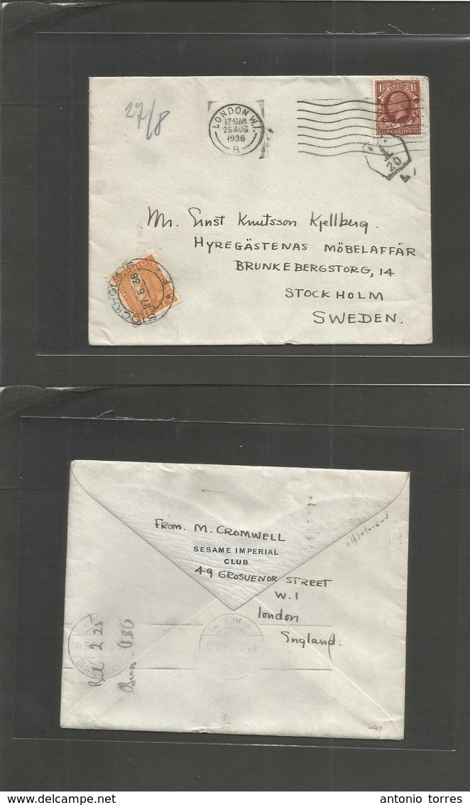 Great Britain - Xx. 1936 (25 Aug) London - Sweden, Stockholm (27 Aug) Fkd 1 1/2d Censor + Taxed + Arrival. 20 Ore Orange - ...-1840 Prephilately