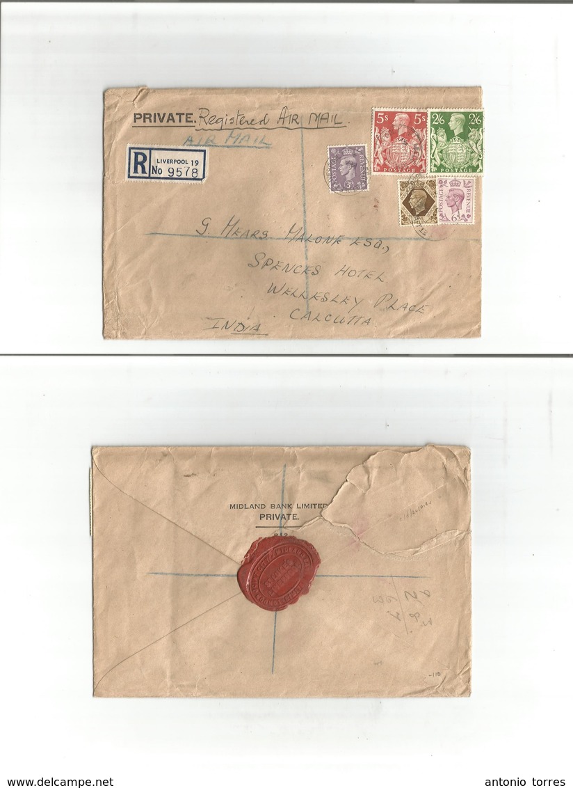 Great Britain - Xx. 1947 (9 July) Liverpool - India, Calatta. Registered Air Multifkd Env, Incl 2/6 And 5 Sh Red High Va - ...-1840 Prephilately