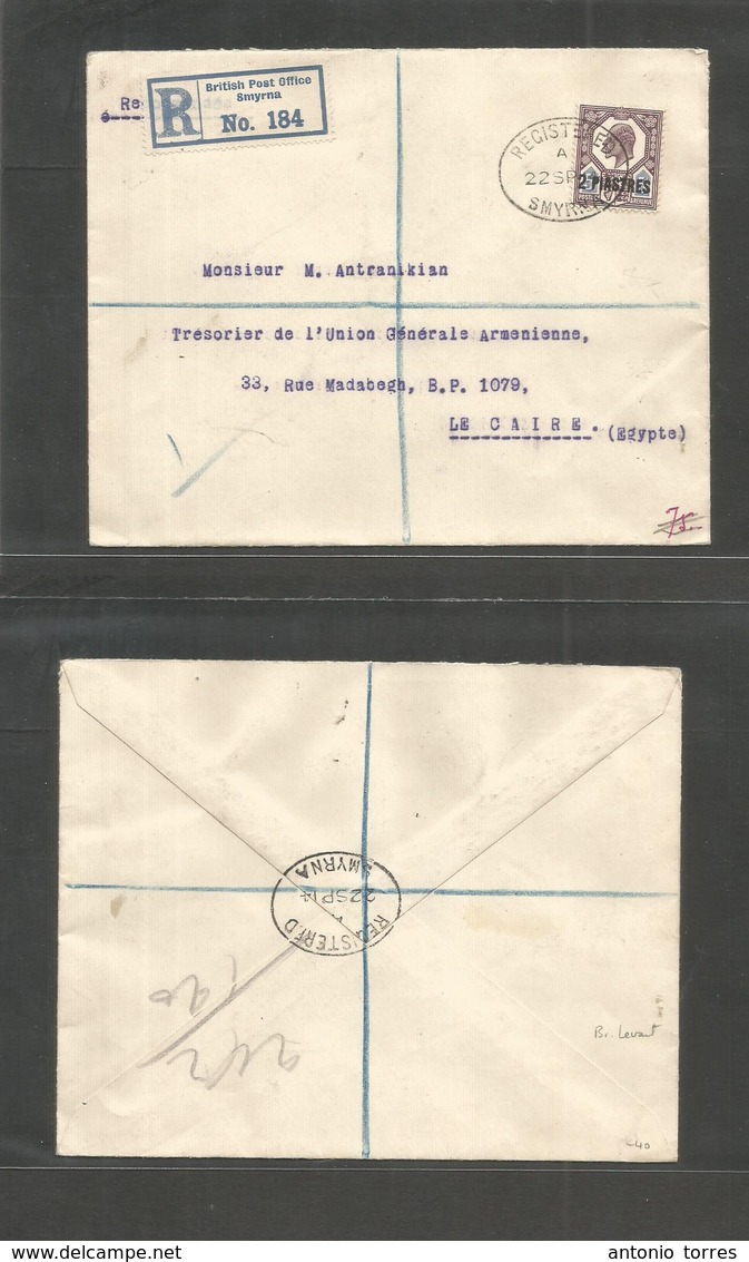 Grb - British Levant. 1914 (22 Sept) Smyrna - Egypt, Cairo. Registered  Single 2p Ovptd Issue Fkd Envelope. VF. - ...-1840 Prephilately