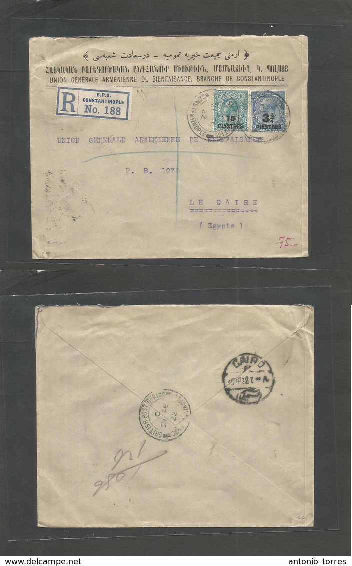 Grb - British Levant. 1922 (21 Febr) Constantinople - Egypt, Cairo (5 March) Registered Multifkd Ovptd Issue Envelope At - ...-1840 Vorläufer