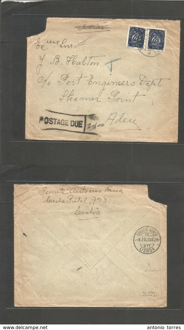 Bc - Aden. 1950 (October) Portugal - Steamer Point. Air Fkd Envelope + Taxed Arrival Cachet Boxed "Postage Due / 0-1-0"  - Sonstige & Ohne Zuordnung