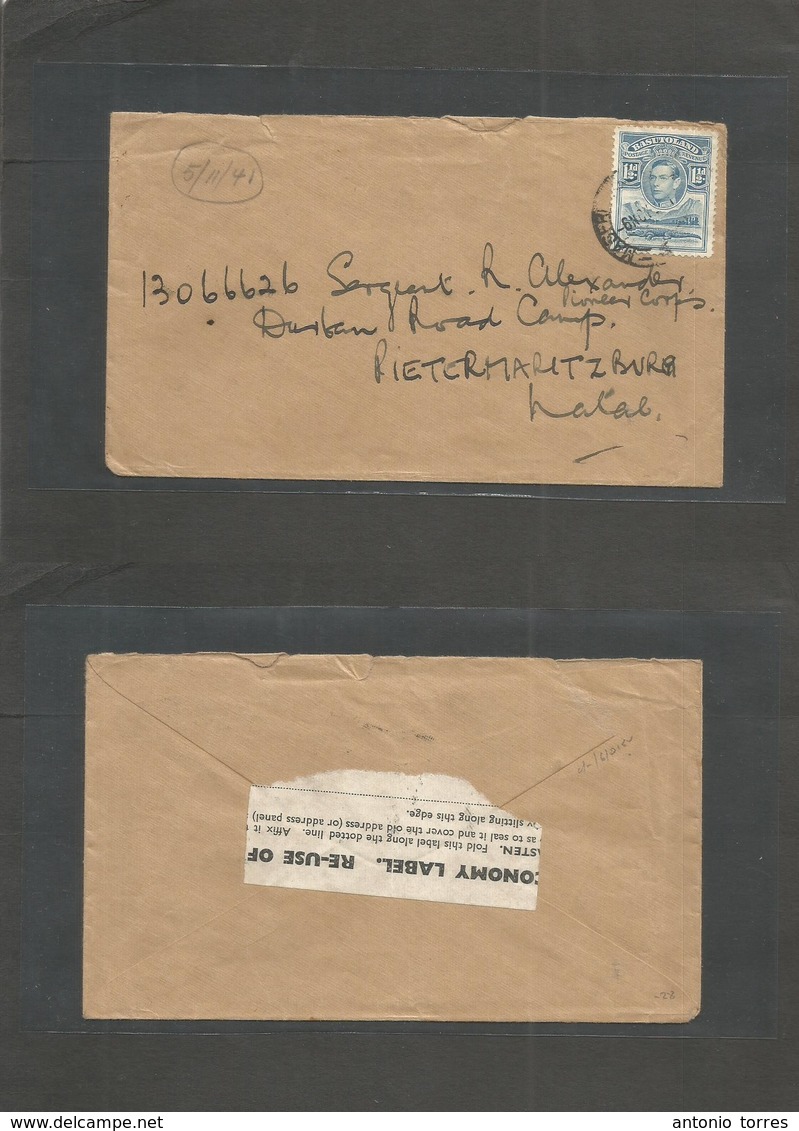 Bc - Basutoland. 1941 (6 Nov) Maseru - Pietermaritzburg, Natal. Fkd Env 1 1/2d Blue, Cds. WWII. Pioneer Corps Officer. - Andere & Zonder Classificatie