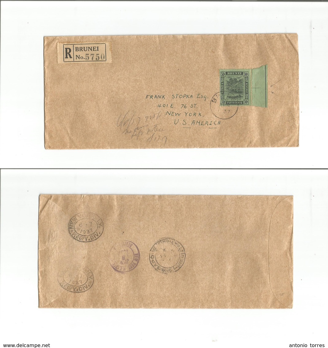 Bc - Brunei. 1937 (Apr 28) GPO - USA, NYC (7-8 June) Via Singapore. Registered Envelope Single 50c Strip Tied Cds, Margi - Sonstige & Ohne Zuordnung