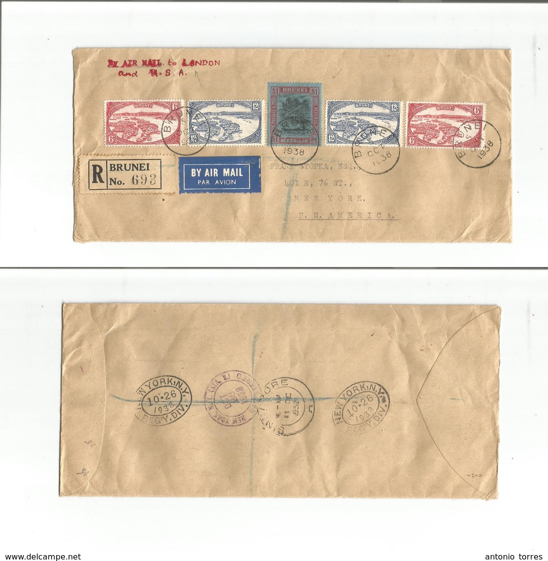 Bc - Brunei. 1938 (5 Oct) GPO - USA, NYC (26 Oct) Registered Airmail To London Multifkd Env Incl $1 Stamp, Tied Cds. VF  - Sonstige & Ohne Zuordnung