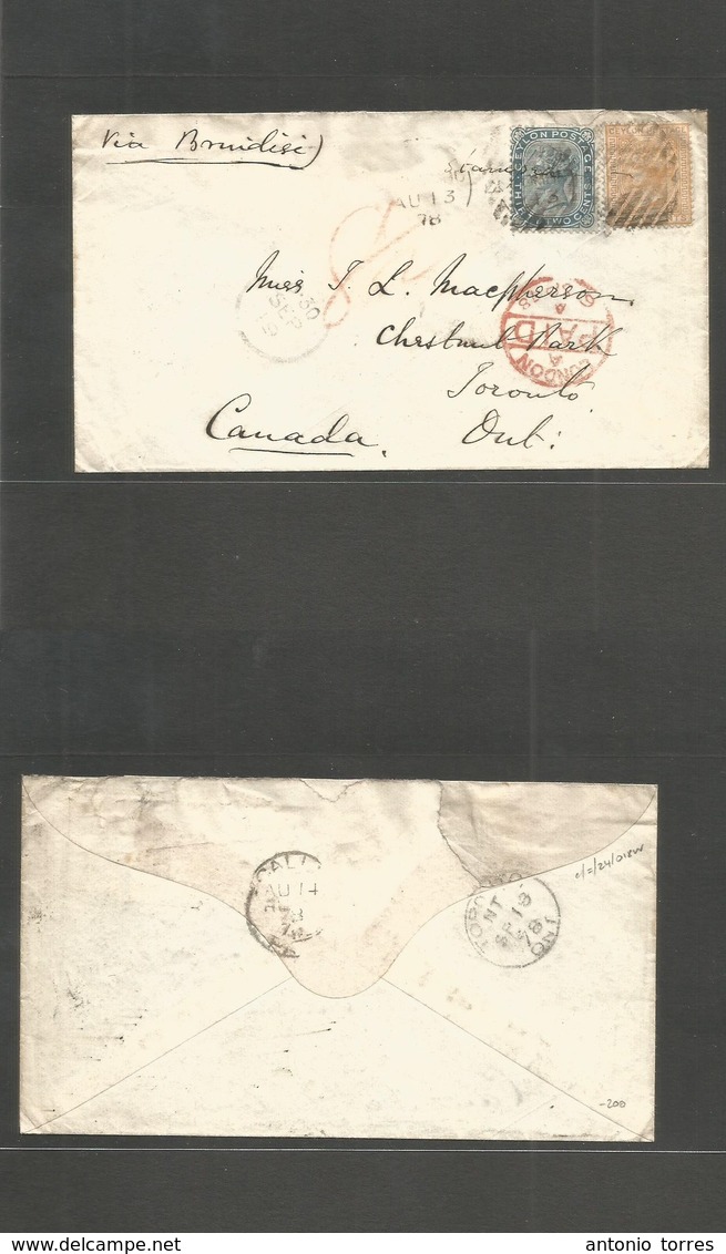 Bc - Ceylon. 1878 (Aug 13) Calle - Canada, Toronto, ONT (30 Sept) Via Brindisi. Fkd Env 32c + 8c Orange, Tied Grill Romb - Sonstige & Ohne Zuordnung