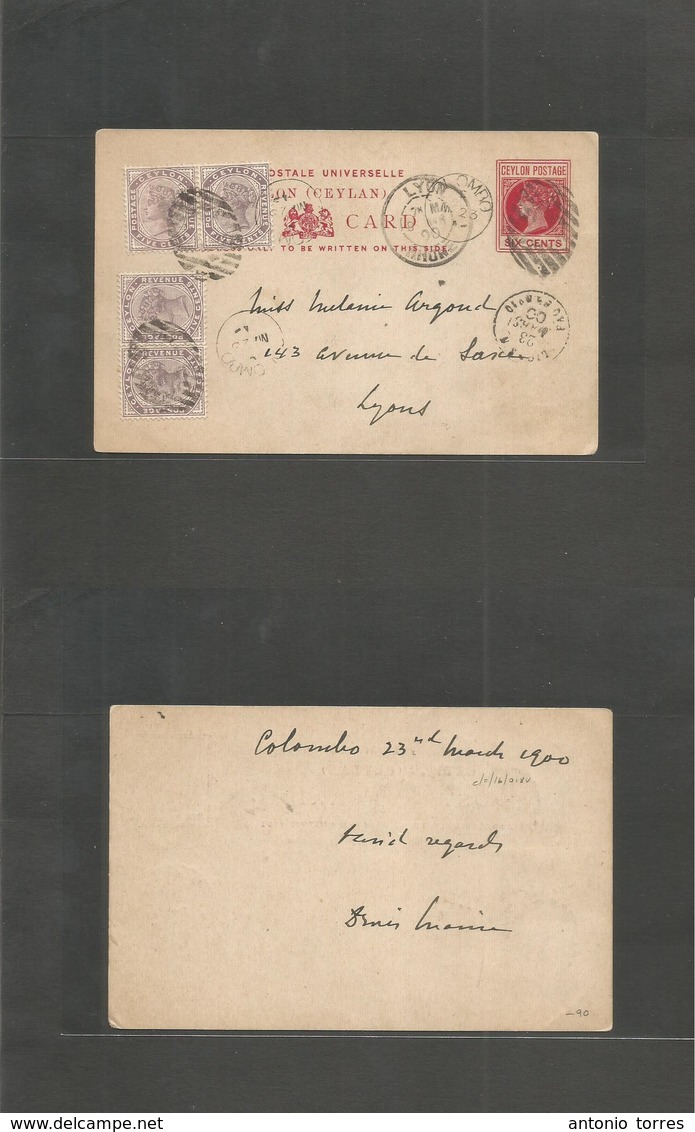 Bc - Ceylon. 1900 (23 March) Colombo - France, Lyons (8 Abr) 6c Red Stat Card + 4 Adtls, Tied Letter Grills + Cds + "Lig - Andere & Zonder Classificatie