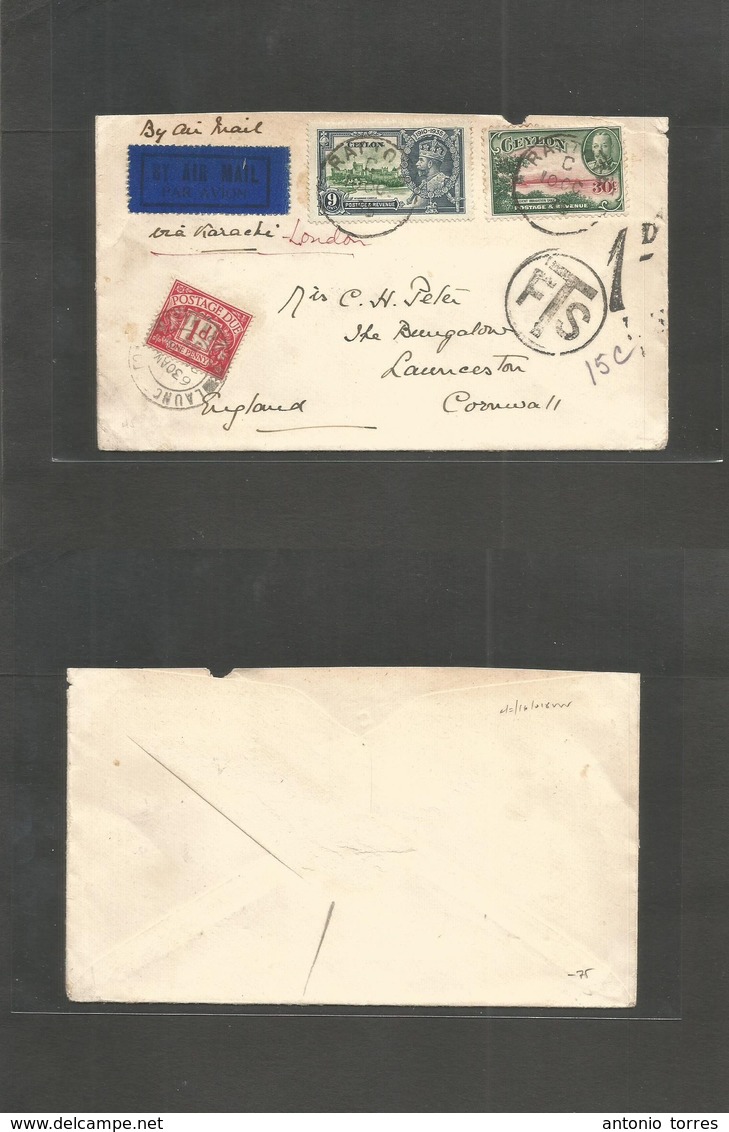 BC - Ceylon. 1935 (10 Oct) Rattota - Cornwall, Launcester, UK. Air Multifkd Env, Mixed Issues, Incl. Silver Jubilee, Tie - Sonstige & Ohne Zuordnung
