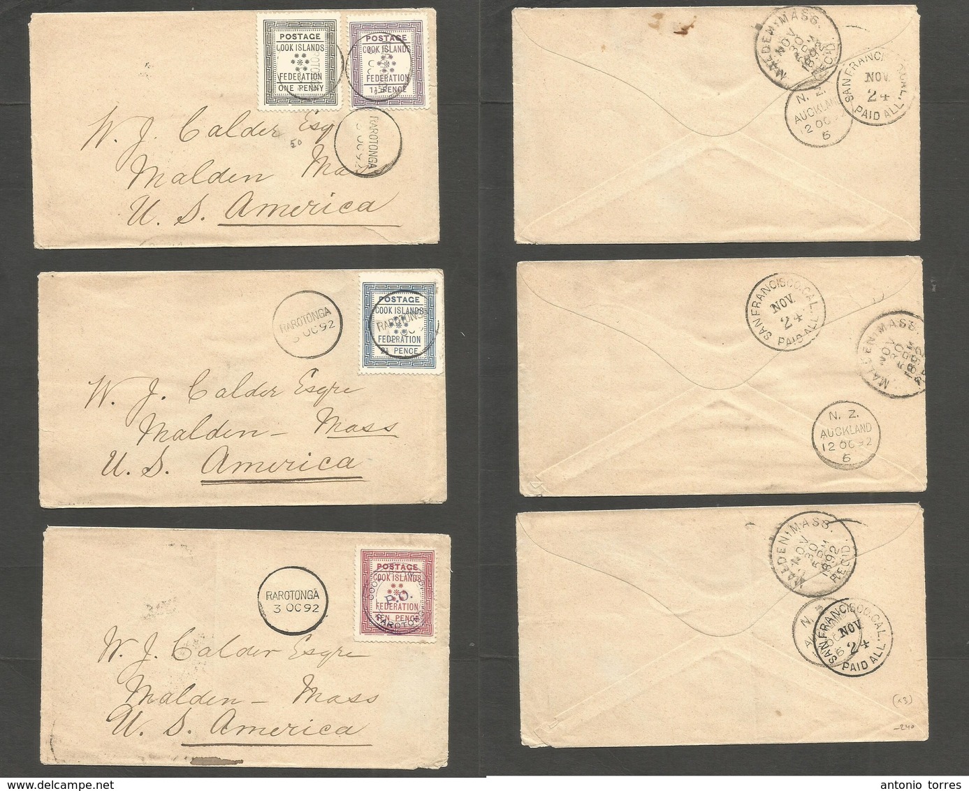 Bc - Cook Is.. 1892 (3 Oct) Rarotonga - USA, Malden, Mass (30 Nov) 3 Multifkd Envelope With Federation 6 Diff  Stamps, C - Sonstige & Ohne Zuordnung