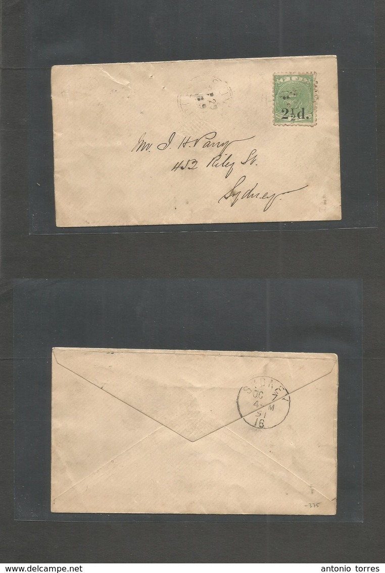 Bc - Fiji. 1891 (29 Sept) Fiji - Sydney, NSW, Australia (Oct 7) Fkd Env Single 2 1/2d Fkd Green Ovptd Stamp, Tied Cds +  - Andere & Zonder Classificatie