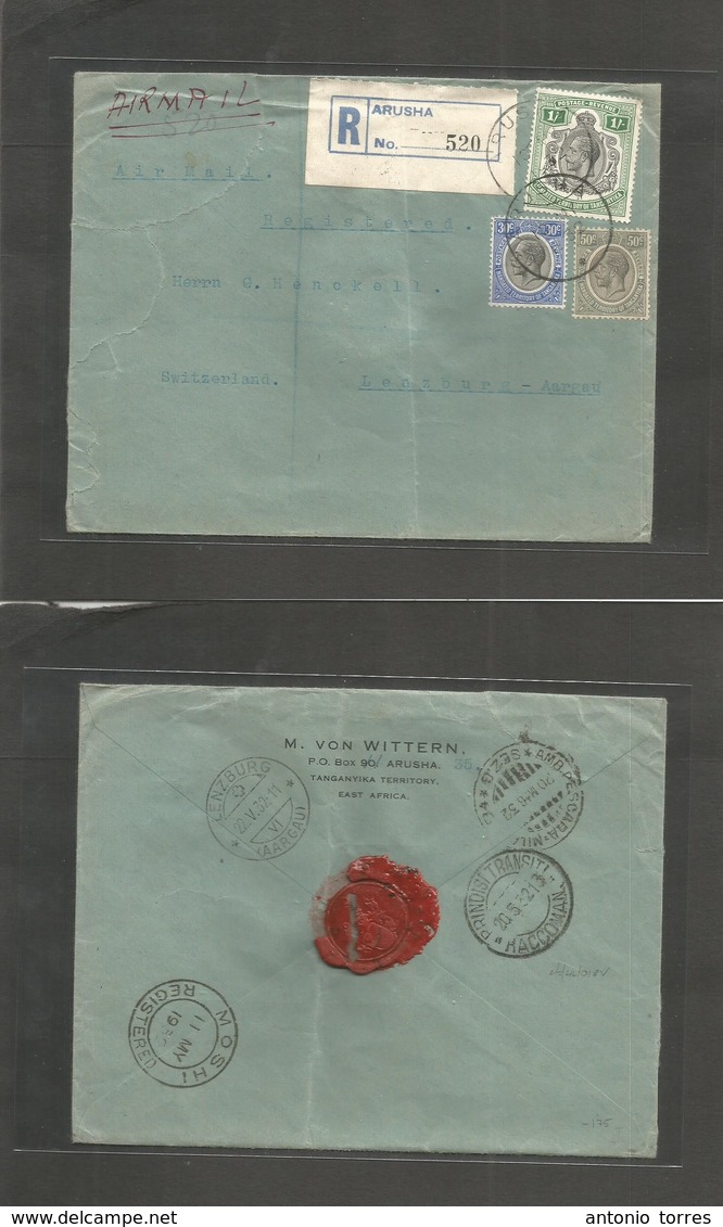 Bc - Kenya. 1932 (10 May) Arusha - Switzerland, Lenzburg. Registered Multifkd Envelope Incl 1sh Green High Values Large  - Sonstige & Ohne Zuordnung