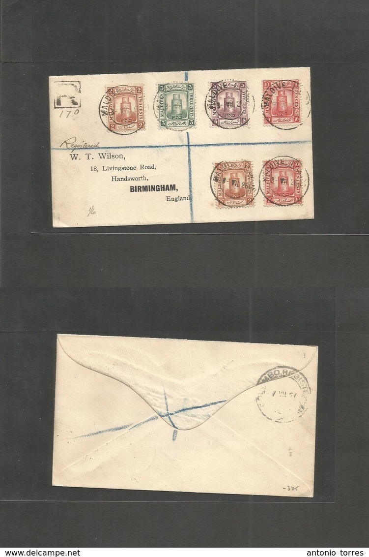 Bc - Maldives. 1926 (3 July) GPO - UK, Birmingham. Via Colombo, Ceylon. Registered Mutifkd Envelope. Scarce Usage On Cov - Andere & Zonder Classificatie