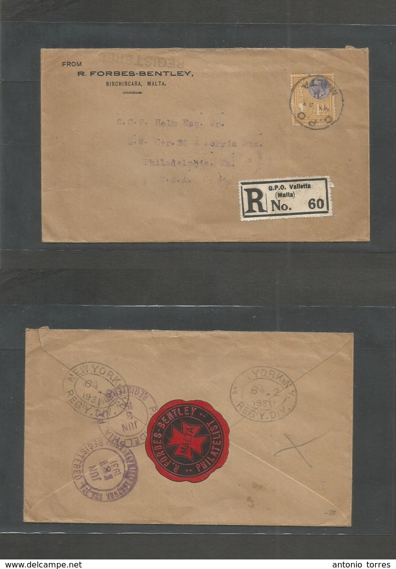 Bc - Malta. 1931 (May) Birchircara - USA, Pha, PA (2-3 June) Registered Single 4 1/2d Stamp Fkd Env Comercial. Fine. - Sonstige & Ohne Zuordnung