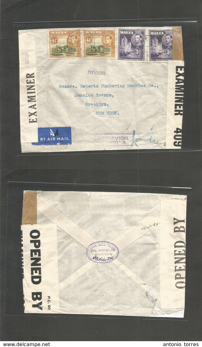 Bc - Malta. 1942 (12 June) Birchircara - USA, NY. Airmultifkd Env, British Censor + Special Cachet "par Avion / Jusqua L - Otros & Sin Clasificación