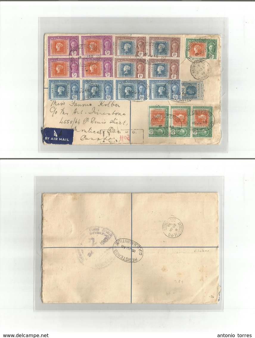 Bc - Mauritius. 1948 (15 June) GPO - Canada, Montreal (24 June) Registered Air Multifkd 20c Blue Stat Issue + 1947 Issue - Andere & Zonder Classificatie