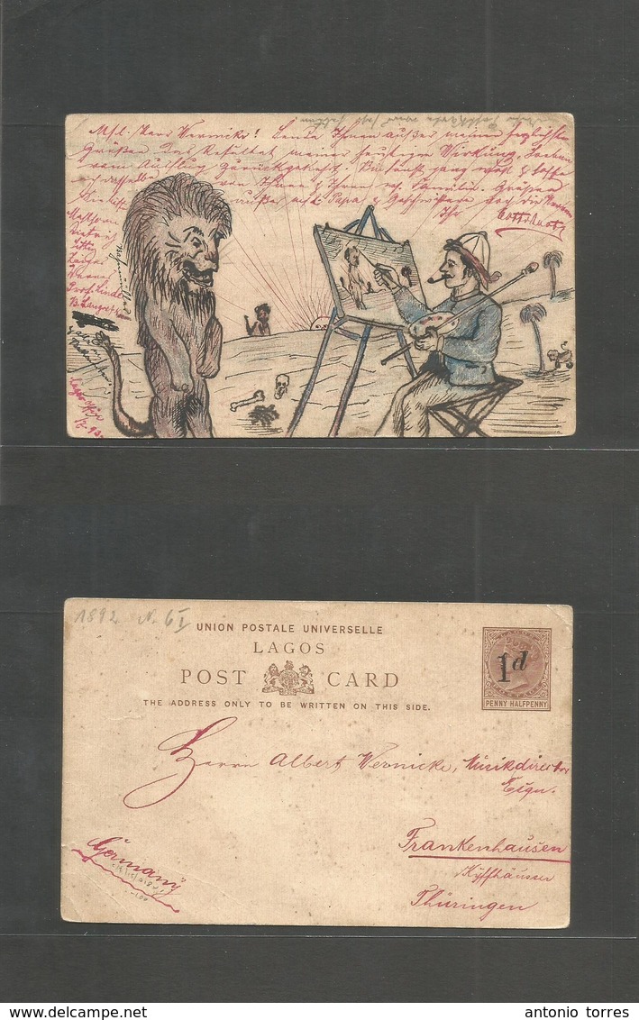 Bc - Nigeria. 1893 (Dec) Lagos - Germany, Frankenhausen. Reverse Illustrated 1d Ovptd Stationery Card. Showing Lion + Pa - Andere & Zonder Classificatie
