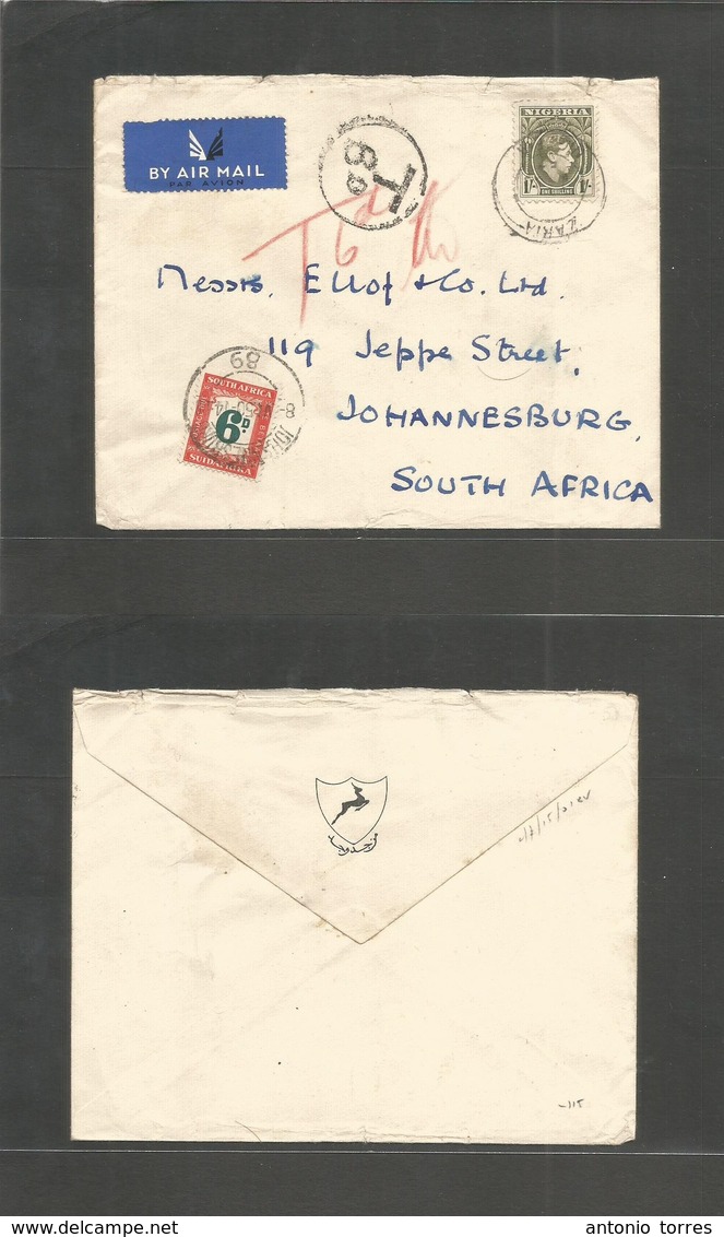 Bc - Nigeria. 1950 (Apr) Zaria - South Africa, Joburg (8 April) Air Fkd 1sh Stamp Envelope + Taxed + Arrival 6d P. Due T - Sonstige & Ohne Zuordnung