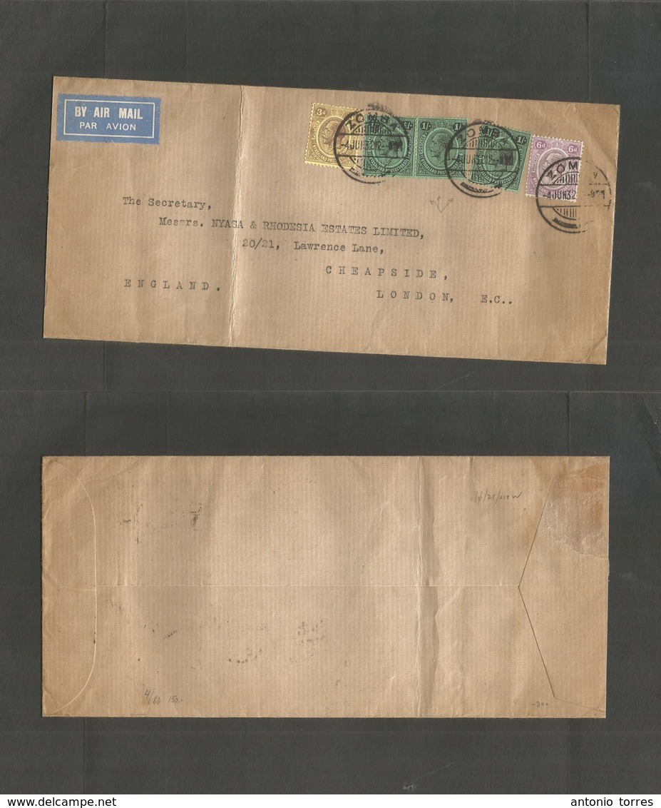 Bc - Nyassaland. 1932 (4 June) Zomba -Uk, London. Air Multifkd Envelope Bearing 1sh (x3) At 3sh 9d Rate, Tied Cds. Very  - Andere & Zonder Classificatie