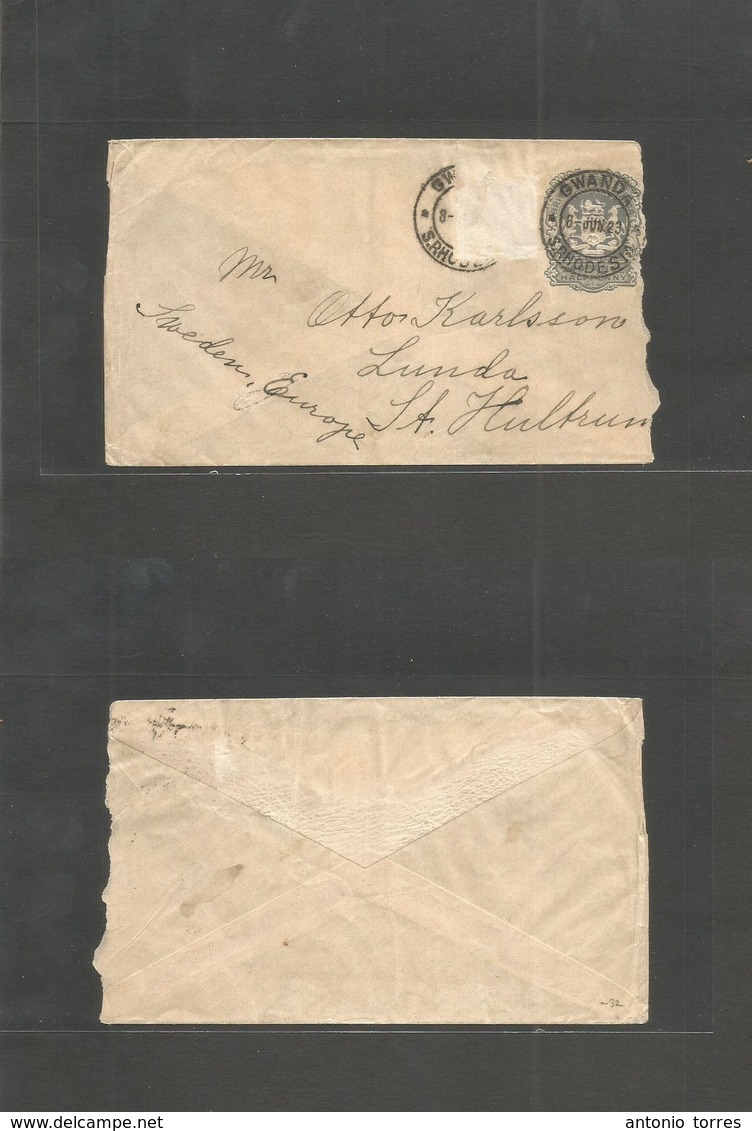 Bc - Rhodesia. 1923 (8 June) Gwanda SR - Lunda, Sweden. 1/2 D Grey SAC Stat Env (adil Stamp Missing In Transit) Depart C - Sonstige & Ohne Zuordnung