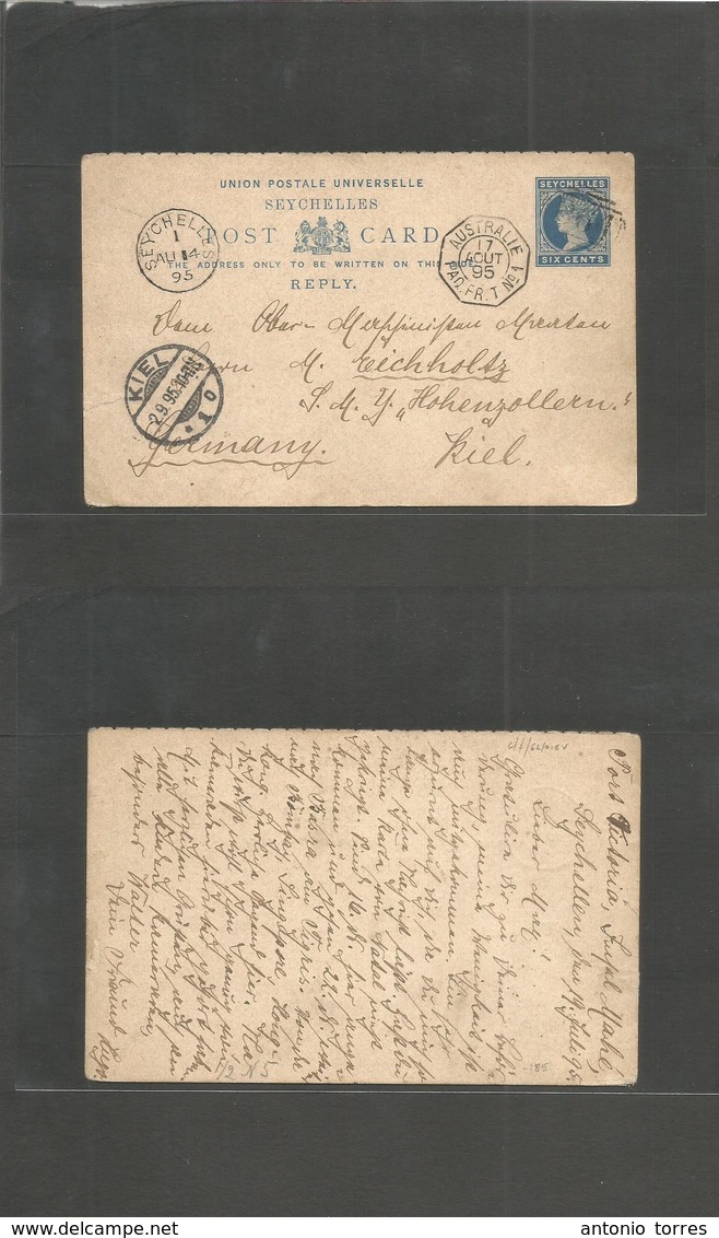 Bc - Seychelles. 1895 (19 July) Port Victoria, Mahé - Germany, Kiel (2 Sept) 6c Blue Reply Half Stat Card Via GPO (Aug 1 - Andere & Zonder Classificatie