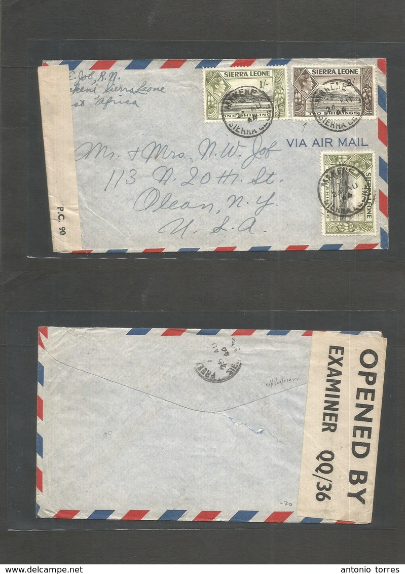 Bc - Sierra Leone. 1944 (24 Aug) Makene - USA, NYC. Air Censored Multifkd Env. VF Used + High Values On Cover 1sh (2) +  - Sonstige & Ohne Zuordnung
