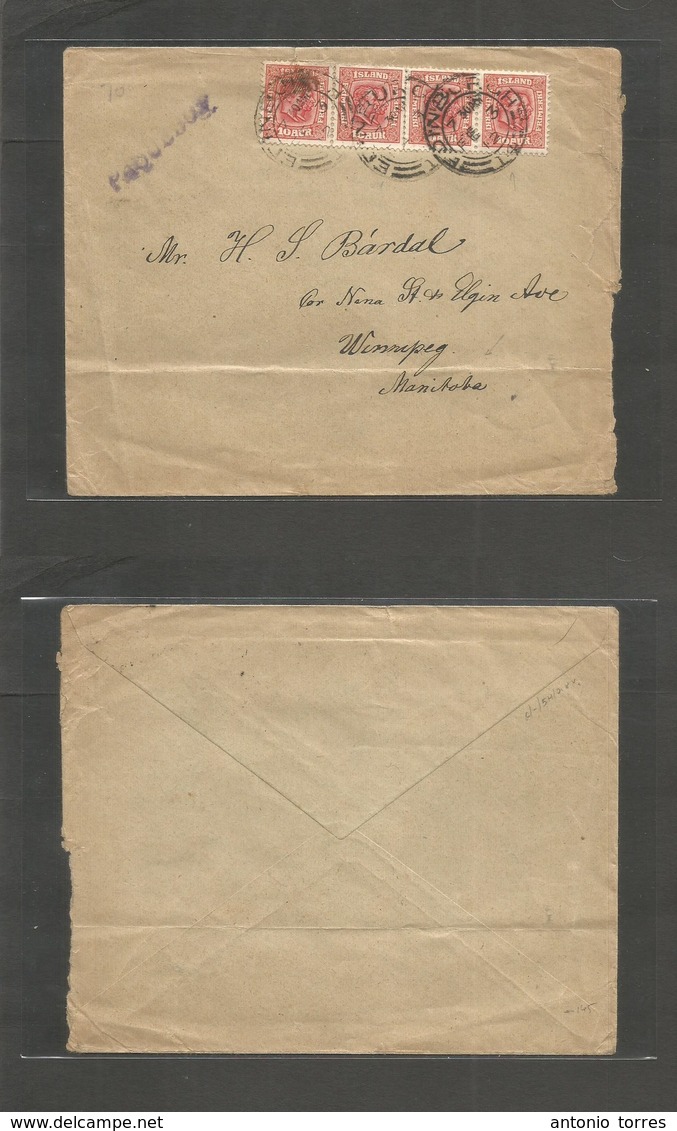 Iceland. 1912 (Feb 3) Fkd Envelope 10 Aux Red (x4) Tied Edinburg UK Transit To CANADA, Winmipeg, Manitoba + Stline "PAQU - Andere & Zonder Classificatie