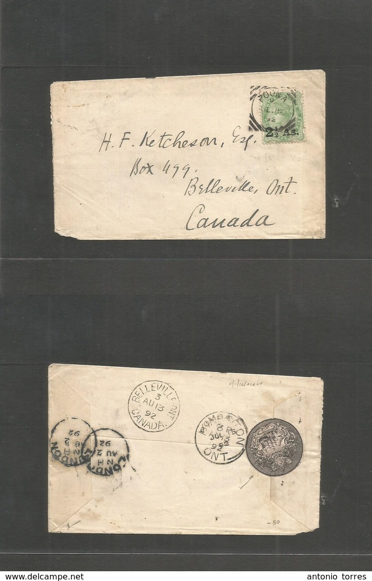 India. 1892 (15 July) Poona - Canada, Belleville, ONI. 2 1/2a Rate, Tied Cds. Fkd Env. Via London (2 Aug) Reverse Royal  - Sonstige & Ohne Zuordnung