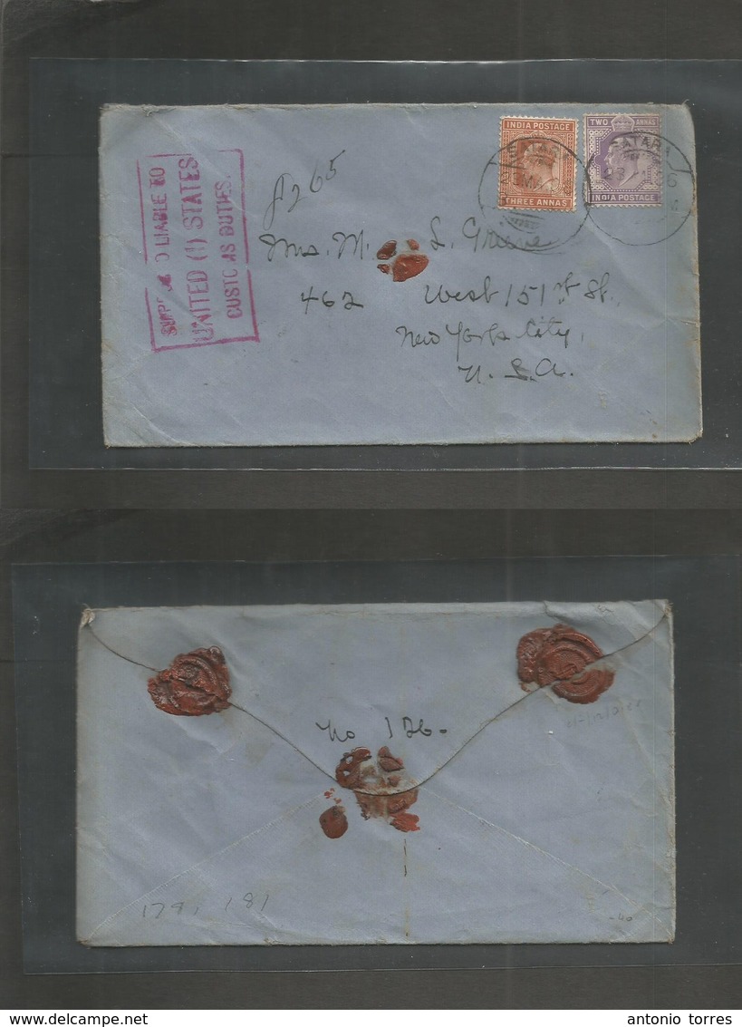 India. 1906 (23 May) Satara - USA, NYC. Registered Fkd Env At 5a Rate. US Customs Control Red Cachet. 3 Red Wax Seals Re - Andere & Zonder Classificatie