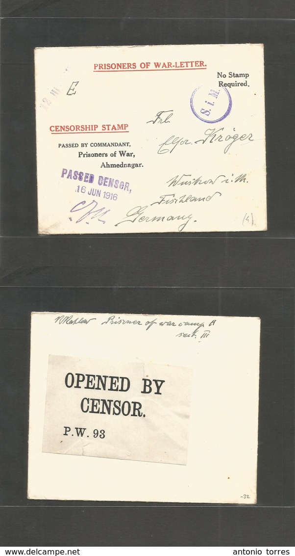 India. 1916 (12 June) POW. German Internees. Ahmednagar Camp. Addressed To Fishland, Germany. Unfranked + Censored Envel - Other & Unclassified