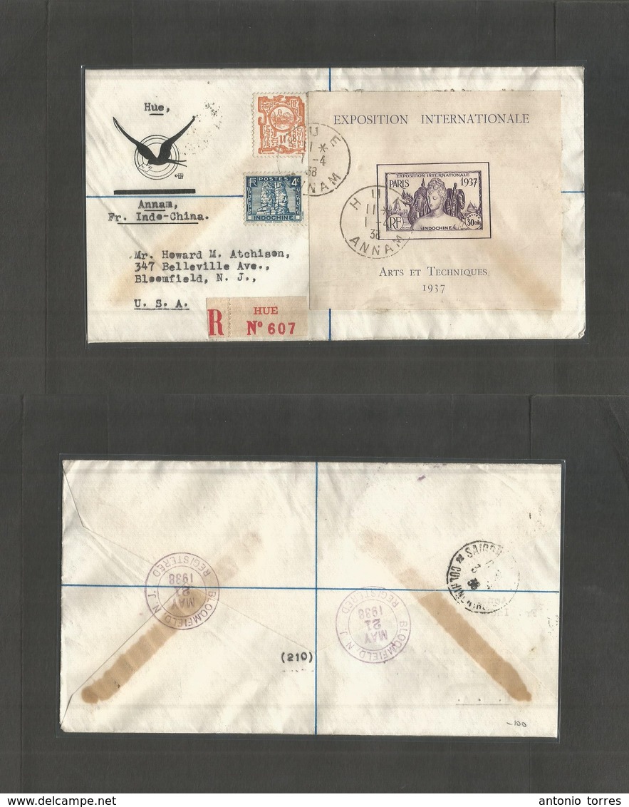 Indochina. 1938 (1 April) Hue - USA, Bloomfield, NJ (21 May) Registered Air Multifkd Env Incl 1937 Min Sheet Arts Et Tec - Sonstige - Asien