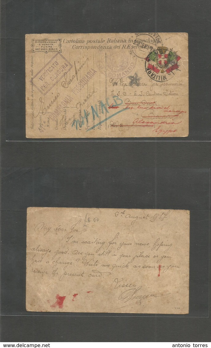 Iraq. 1917 (6 Aug) Italian Officer In IRAQ. Italy Military Card Addressed To Basrah, Base Repot ASC-EJ Cantena Section.  - Irak