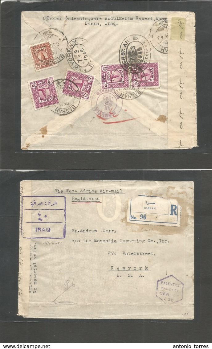Iraq. 1942 (5 June) Basrah - USA, NYC (3 July) Registered Reverse Multifkd Envelope. Via Lagos - Miami With Iraq + Pales - Irak