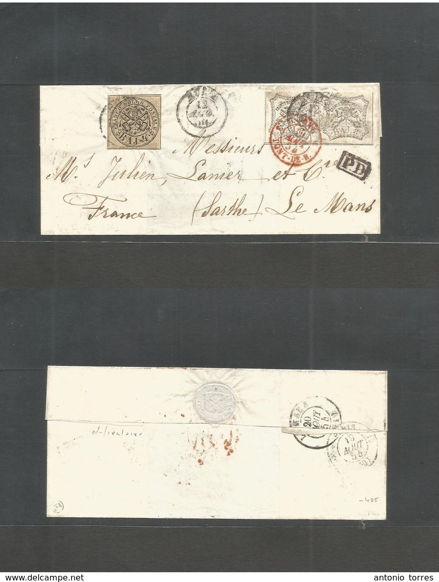 Italy Papal States. 1854 (12 Aug) Rome - France, Le Mans (20 Aug) E. Fkd 4 Baj + 8 Baj Pair, Tied Cds, All Well Margined - Unclassified