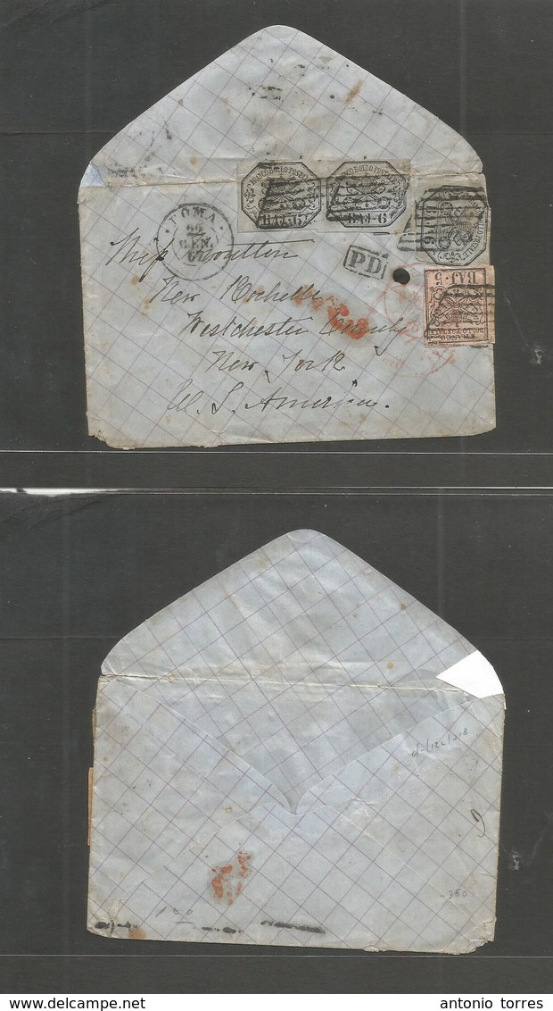 Italy Papal States. 1867 (22 Jan) Roma - USA, NYC. Multifkd Env At 6 Baj (x3) + 5 Baj, Good Margin, Tied Grill. 2 Stamps - Unclassified