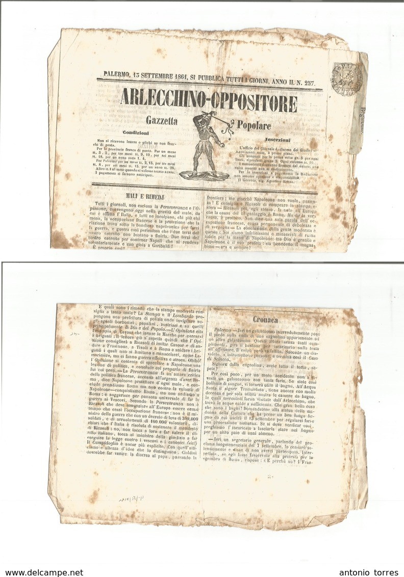 Italian States - Sardinia. 1861 (14 Sept) Palermo - Regalbuto. Arlecchino Iilustrated Newspaper; Fkd Single 1c Grey Impe - Ohne Zuordnung