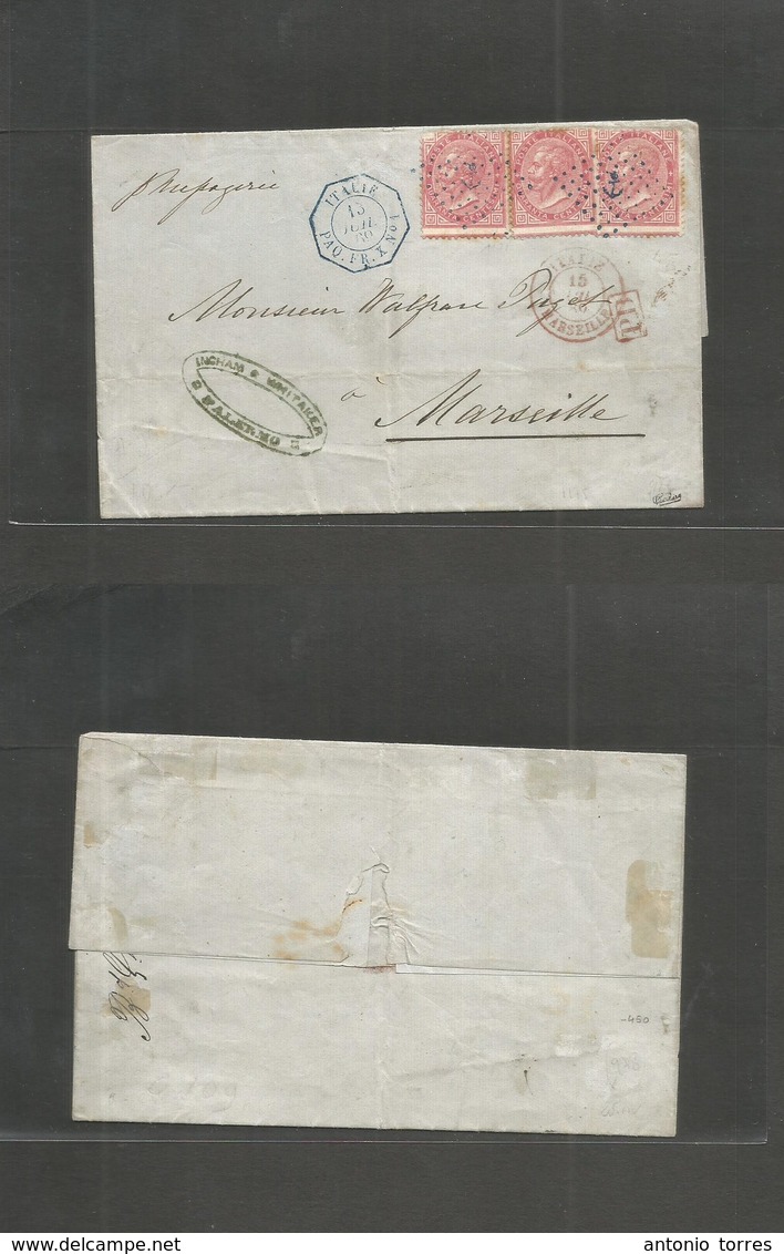 Italy. 1869 (13 July) Palermo - Marseille, France (16 June) E Fkd 40c Rose (x3), Tied ANCHOR Romboid + Octogonal "Italia - Zonder Classificatie