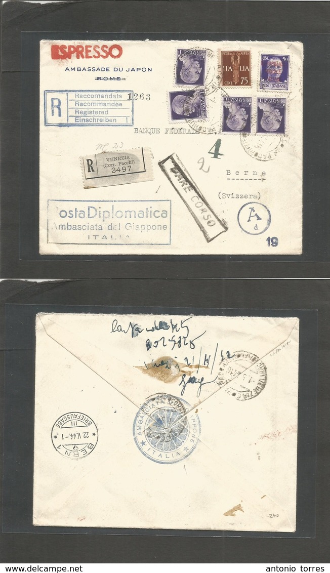 Italy. 1944 (1 May) RSI, Japan Nippon Diplomatic Mail. Roma - Switzzerland, Berne. Registered Express + "dare Corso" Mul - Ohne Zuordnung