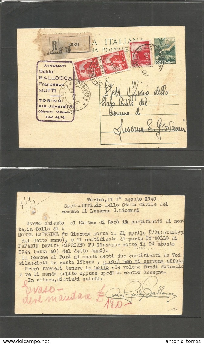 Italy - Stationery. 1949 (2 Aug) Torino - Luzern. S. Giovanni. Registered Multifkd 12l Green Stat Card. - Zonder Classificatie