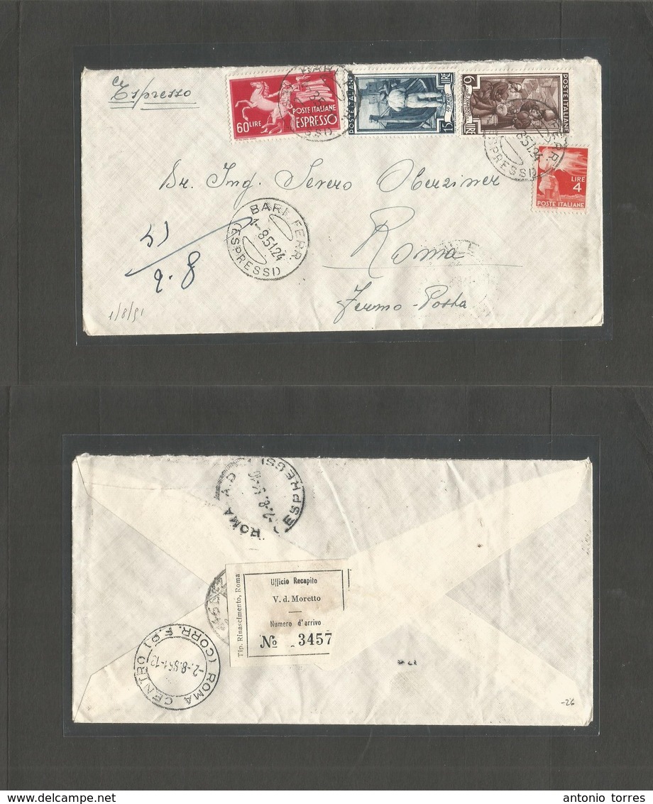 Italy - Xx. 1951 (1 Aug) Bari Ferr - Rome. Express Mail Multifkd Env. Arrival Control Label. VF. - Unclassified