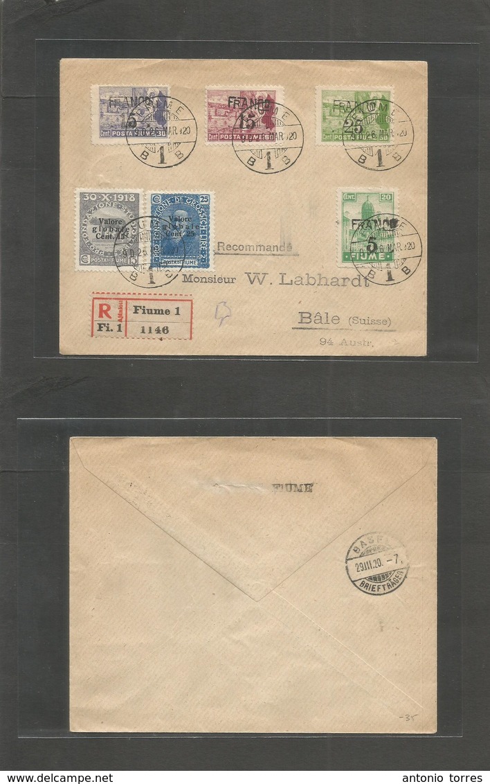 Italy - Fiume. 1920 (26 March) Fiume - Switzerland, Bale (29 March) Registered Multifkd Issue, Ovptd Issues. - Unclassified